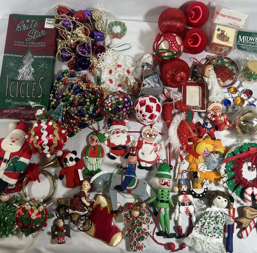 Vintage Kitschy Traditional Tacky Christmas BIG Lot Ornaments Tinsel Garlands